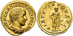 RÖMER KAISERZEIT. Gordian III., 238 - 244 n. Chr. Aureus ø 19mm (4,69g). 241 - 243 n. Chr. Mzst. Rom. Vs.: IMP GORDIANVS PIVS FEL AVG, drapierte Panzerbüste mit Lorbeerkranz n. r. Rs.: VIRTVTI AVGVSTI