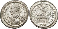 RÖMER KAISERZEIT. Maximinus Daia, 310 - 313 n. Chr. Billon-Argenteus ø 20mm (2,34g). Mzst. Treveris. Vs.: IMP MAXIMI-NVS AVG, drapierte Panzerbüste mit Strahlenkranz n. l., die Rechte erhoben u. in de