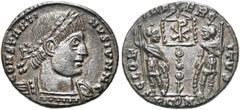 RÖMER KAISERZEIT. Constantius II. als Caesar, 324 - 337 n. Chr. AE Follis ø 16mm (1,74g). 336 n. Chr. Mzst. Arelate. Vs.: CONSTANTI-NVS IVN NC, Panzerbüste mit Lorbeerkranz n. r. Rs.: GLOR-IA EXERC-IT
