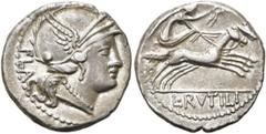 RÖMER RÖMISCHE REPUBLIK. RÖMISCHE REPUBLIK NACH 211 V. CHR.. L. Rutilius Flaccus, 77 v. Chr. Denar ø 18mm (3,94g). Mzst. Rom. Vs.: FLAC, behelmter Kopf der Roma n. r. Rs.: L RVTILI, Viktoria mit Kranz