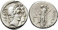 RÖMER RÖMISCHE REPUBLIK. RÖMISCHE REPUBLIK NACH 211 V. CHR.. Mn. Cordius Rufus, 46 v. Chr. Denar ø 17mm (3,96g). Mzst. Rom. Vs.: RVFVS IIIVIR, gestaffelte Büsten der Dioskuren mit belorbeerten Pilei n