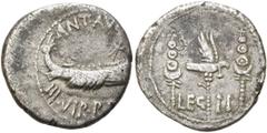 RÖMER RÖMISCHE REPUBLIK. RÖMISCHE REPUBLIK NACH 211 V. CHR.. Marcus Antonius, 32 - 31 v. Chr. Denar ø 18mm (3,13g). Mzst. mit Marc Anton ziehend (Patras?). Vs.: ANT AVG / IIIVIR R P C, Kriegsgaleere n