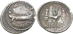 RÖMER RÖMISCHE REPUBLIK. RÖMISCHE REPUBLIK NACH 211 V. CHR.. Marcus Antonius, 32 - 31 v. Chr. Denar ø 20mm (3,72g). Mzst. mit Marc Anton ziehend (Patras?). Vs.: ANT AVG / IIIVIR R P C, Kriegsgaleere n