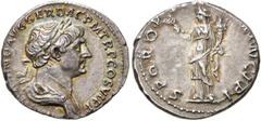 RÖMER RÖMISCHE KAISERZEIT. Trajan, 98 - 117 n. Chr. Denar ø 19mm (3,51g). ca. 113 - 114 n. Chr. Mzst. Rom. Vs.: IMP TRAIANO AVG GER DAC P M TR P COS VI P P, Büste mit Lorbeerkranz u. Gewand auf l. Sch