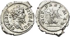 RÖMER RÖMISCHE KAISERZEIT. Septimius Severus, 193 - 211 n. Chr. Denar ø 22mm (3,37g). 204 n. Chr. Mzst. Rom. Vs.: SEVERVS PIVS AVG, Kopf mit Lorbeerkranz n. r. Rs.: VICT PART MAX, Viktoria mit Palmzwe