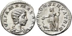 RÖMER RÖMISCHE KAISERZEIT. Iulia Mamaea, 222 - 235 n. Chr. Denar ø 18mm (3,26g). Mzst. Rom. Vs.: IVLIA MAMAEA AVG, drapierte Büste n. r. Rs.: IVNO CONSERVATRIX, Juno mit Zepter u. Patera, zu ihren Füß