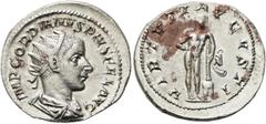 RÖMER RÖMISCHE KAISERZEIT. Gordian III., 238 - 244 n. Chr. Antoninian ø 23mm (4,15g). 241 - 243 n. Chr. Mzst. Rom. Vs.: IMP GORDIANVS PIVS FEL AVG, drapierte Panzerbüste mit Strahlenkranz n. r. Rs.: V