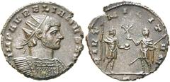 RÖMER RÖMISCHE KAISERZEIT. Aurelian, 270 - 275 n. Chr. Antoninian ø 22mm (3,63g). 272 n. Chr. Mzst. Rom. Vs.: IMP AVRELIANVS AVG, Panzerbüste mit Strahlenkrone n. r. Rs.: VIRT MILIT-VM / T, Kaiser mit