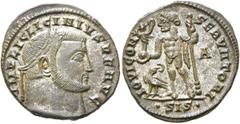 RÖMER RÖMISCHE KAISERZEIT. Licinius I., 308 - 324 n. Chr. AE Follis ø 20mm (3,22g). 315 - 316 n. Chr. Mzst. Siscia. Vs.: IMP LIC LICINIVS P F AVG, Kopf mit Lorbeerkranz n. r. Rs.: IOVI CONSER ATORI / 