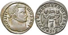 RÖMER RÖMISCHE KAISERZEIT. Licinius I., 308 - 324 n. Chr. AE Follis ø 19mm (3,23g). 319 n. Chr. Mzst. Siscia. Vs.: IMP LICI-NIVS AVG, Kopf mit Lorbeerkranz n. r. Rs.: VICT LAETAE PRINC PERP / ·ΕSIS·, 