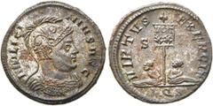 RÖMER RÖMISCHE KAISERZEIT. Licinius I., 308 - 324 n. Chr. AE Follis ø 19mm (3,31g). 320 n. Chr. Mzst. Aquileia. Vs.: IMP LICI-NIVS AVG, behelmte Panzerbüste n. r. Rs.: VIRTVS EXERCIT / S - F / AQS, zw