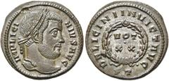 RÖMER RÖMISCHE KAISERZEIT. Licinius I., 308 - 324 n. Chr. AE Follis ø 19mm (3,31g). 320 - 321 n. Chr. Mzst. Ticinum. Vs.: IMP LICI-NIVS AVG, Kopf mit Lorbeerkranz n. r. Rs.: D N LICINI INVICT AVG / PT