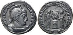 RÖMER RÖMISCHE KAISERZEIT. Constantin I., der Große, 307 - 337 n. Chr. AE Follis ø 18mm (2,54g). 318 - 319 n. Chr. Mzst. Ticinum. Vs.: IMP CONSTAN-TINVS MAX AVG, behelmte Panzerbüste mit Lorbeerkranz 