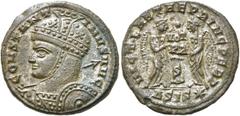 RÖMER RÖMISCHE KAISERZEIT. Constantin I., der Große, 307 - 337 n. Chr. AE Follis ø 19mm (2,84g). 319 - 320 n. Chr. Mzst. Siscia. Vs.: CONSTANT-INVS AVG, behelmte Panzerbüste mit Schild u. Lanze n. l. 
