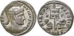 RÖMER RÖMISCHE KAISERZEIT. Constantin I., der Große, 307 - 337 n. Chr. AE Follis ø 19mm (2,71g). 320 n. Chr. Mzst. Siscia. Vs.: CONSTA-NTINVS AVG, behelmte Panzerbüste n. r. Rs.: VIRTVS EXERCIT / S - 