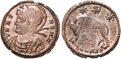 RÖMER RÖMISCHE KAISERZEIT. Stadtprägung aus der Zeit Constantin I. AE Follis ø 17mm (1,53g). 334 n. Chr. Mzst. Arelate. Vs.: VRBS ROMA, Büste der Roma n. l. Rs.: SCONST, Lupa Romana säugt Romulus u. R