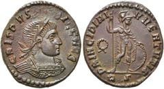 RÖMER RÖMISCHE KAISERZEIT. Crispus, 317 - 326 n. Chr. AE Follis ø 19mm (3,76g). 317 - 318 n. Chr. Mzst. Rom. Vs.: CRISPVS NOBIL CAES, Panzerbüste mit Lorbeerkranz n. r. Rs.: PRINCIPIA I-VVENTVTIS / RS