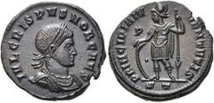RÖMER RÖMISCHE KAISERZEIT. Crispus, 317 - 326 n. Chr. AE Follis ø 20mm (3,75g). 317 - 318 n. Chr. Mzst. Ticinum. Vs.: IVL CRISPVS NOB CAES, drapierte Panzerbüste mit Lorbeerkranz n. r. Rs.: PRINCIPIA 