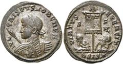 RÖMER RÖMISCHE KAISERZEIT. Crispus, 317 - 326 n. Chr. AE Follis ø 20mm (2,47g). 320 n. Chr. Mzst. Siscia. Vs.: IVL CRISPVS NOB CAES, Panzerbüste mit Lorbeerkranz, Schild u. Speer n. l. Rs.: VIRTVS EXE