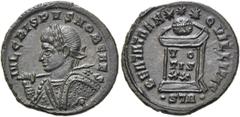 RÖMER RÖMISCHE KAISERZEIT. Crispus, 317 - 326 n. Chr. AE Follis ø 19mm (3,41g). 322 - 323 n. Chr. Mzst. Treveris. Vs.: IVL CRISPVS NOB CAES, Panzerbüste mit Lorbeerkranz, Schild u. Speer über der r. S