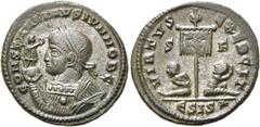 RÖMER RÖMISCHE KAISERZEIT. Constantin II. als Caesar, 317 - 337 n. Chr. AE Follis ø 20mm (2,61g). 320 n. Chr. Mzst. Siscia. Vs.: CONSTANTINVS IVN NOB C, drapierte Büste mit Lorbeerkranz, Victoriola au