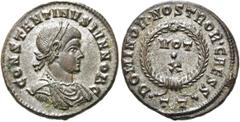 RÖMER RÖMISCHE KAISERZEIT. Constantin II. als Caesar, 317 - 337 n. Chr. AE Follis ø 18mm (3,29g). 320 - 321 n. Chr. Mzst. Ticinum. Vs.: CONSTANTINVS IVN NOB C, drapierte Panzerbüste mit Lorbeerkranz n