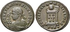 RÖMER RÖMISCHE KAISERZEIT. Constantin II. als Caesar, 317 - 337 n. Chr. AE Follis ø 19mm (3,41g). 322 n. Chr. Mzst. Treveris. Vs.: CONSTANTINVS IVN NOB C, Panzerbüste mit Lorbeerkranz, Victoriola u. M