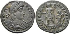 RÖMER RÖMISCHE KAISERZEIT. Constans I., 337 - 350 n. Chr. AE Maiorina ø 23mm (5,62g). 348 - 350 n. Chr. Mzst. Thessaloniki. Vs.: D N CONSTA-NS P F AVG, drapierte Panzerbüste mit Perlendiadem n. r. Rs.