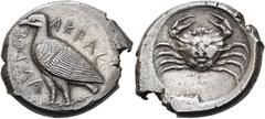 GRIECHEN SIZILIEN. AKRAGAS. Tetradrachme ø 29mm (17,36g). ca. 460 - 450/46 v. Chr. Vs.: AKPAC-ΑΝΤΟΣ, stehender Adler n. l. Rs.: Krabbe. SNG ANS 964 ff.; HGC 78; Franke-Hirmer Taf. 59 Rs. unten links o