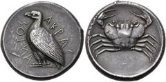 GRIECHEN SIZILIEN. AKRAGAS. Tetradrachme ø 27mm (17,89g). ca. 460 - 450/446 v. Chr. Vs.: AKPAC-ΑΝΤΟΣ, stehender Adler n. l. Rs.: Krabbe. SNG ANS 964 ff.; HGC 78; Franke-Hirmer Taf. 59 rechts (dieses E