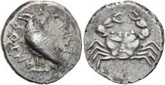 GRIECHEN SIZILIEN. AKRAGAS. Didrachme ø 20mm (8,80g). ca. 510 - 500 v. Chr. Vs.: ΑΚΡΑ-Γ-ΑΝΤΟΣ, Adler mit geschlossenen Schwingen n. l. stehend. Rs.: Krebs im runden Incusum. Westermark, Akragas 30.2 (