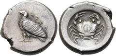 GRIECHEN SIZILIEN. AKRAGAS. Didrachme ø 20mm (8,80g). ca. 500 - 495 v. Chr. Vs.: AKPA, Adler mit geschlossenen Schwingen n. l. stehend. Rs.: Krebs im runden Incusum. Westermark, Akragas 171.5 (dieses 