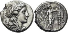 GRIECHEN SIZILIEN. SYRAKUS. Agathokles, 317 - 289 v. Chr. Tetradrachme ø 24mm (17,00g). 310 - 306/5 v. Chr. Vs.: Kopf der Kore mit Ährenkranz, Ohr- u. Halsschmuck n. r., dahinter ΚΟΡΑΣ. Rs.: ΑΓΑΘΟΚΛΕΙ