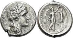 GRIECHEN SIZILIEN. SYRAKUS. Agathokles, 317 - 289 v. Chr. Tetradrachme ø 26mm (16,83g). 310 - 306/5 v. Chr. Vs.: Kopf der Kore mit Ährenkranz, Ohr- u. Halsschmuck n. r., dahinter ΚΟΡΑΣ. Rs.: ΑΓΑΘΟΚΛΕΙ
