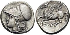 GRIECHEN SIZILIEN. SYRAKUS. Agathokles, 317 - 289 v. Chr. Stater (reduzierter Standard) ø 19mm (6,66g). 305 - 295 v. Chr. Vs.: Kopf der Athena mit korinthischem Helm n. l., dahinter Tropaion. Rs.: Peg