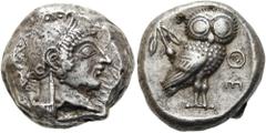 GRIECHEN ATTIKA. ATHEN. Tetradrachme ø 20mm (17,35g). ca. 500/490 - 485/0 v. Chr. Vs.: Kopf der Athena im attischen Helm n. r. Rs.: ΑΘΕ, Eule im Quadratum incusum n.r. stehend, dahinter Olivenzweig. S