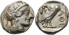 GRIECHEN ATTIKA. ATHEN. Tetradrachme ø 25mm (17,23g). ca. 454 - 404 v. Chr. Vs.: Kopf der Athena mit lorbeerbekränztem attischen Helm n. r. Rs.: ΑΘΕ, Eule n. r. stehend, l. oben Olivenzweig mit Frucht