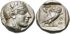 GRIECHEN ATTIKA. ATHEN. Tetradrachme ø 24mm (17,20g). 454 - 440 v. Chr. Vs.: Kopf der Athena mit verziertem u. bekränztem attischen Helm n. r. Rs.: ΑΘΕ, Eule n. r. stehend, Kopf in Vorderansicht, im F