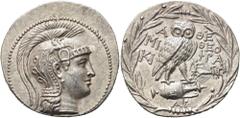 GRIECHEN ATTIKA. ATHEN. Tetradrachme des Neuen Stils ø 32mm (16,90g). 137/6 v. Chr. ΜΙΚΙ - ΘΕΟΦΡΑ. Vs.: Kopf der Athena mit reichverziertem Helm n. r. Rs.: Α-ΘΕ / ΜΙ/ΚΙ - / ΘΕΟ/ΦΡΑ, Eule auf Amphora n