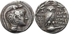 GRIECHEN ATTIKA. ATHEN. Tetradrachme des Neuen Stils ø 29mm (16,87g). 133/2 v. Chr. Polycharmos, Nikogenes und Themistokles. Vs.: Kopf der Athena mit reichverziertem Helm n. r. Rs.: Α-ΘΕ / ΠΟΛΥ/ΧΑΡΜ /