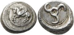 GRIECHEN LYKIEN. DYNASTEN. Khinakha? Stater ø 20mm (9,93g). 470 - 440 v. Chr. Mzst. unbestimmt (vielleicht Limyra). Vs.: Auf Rundschild n. l. fliegender Pegasos, darunter Monogramm. Rs.: Triskeles in 