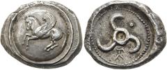 GRIECHEN LYKIEN. DYNASTEN. Khinakha. Stater ø 21mm (9,79g). 470 - 440 v. Chr. Mzst. unbestimmt (vielleicht Limyra). Vs.: Auf Rund­schild n. l. fliegender Pegasos. Rs.: Triskeles, in den Zwickeln Monog