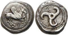 GRIECHEN LYKIEN. DYNASTEN. Khinakha. Stater ø 19mm (9,84g). 470 - 440 v. Chr. Mzst. unbestimmt (vielleicht Limyra). Vs.: Auf Rund­schild n. r. fliegender Pegasos, darunter Monogramm. Rs.: Triskeles, d
