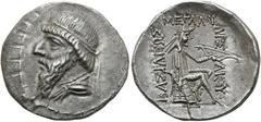 GRIECHEN PARTHER. ARSAKIDEN. Mithradates I., 164 - 132 v. Chr. Drachme ø 21mm (4,15g). ca. 141 - 132 v. Chr. Mzst. Hekatompylos. Vs.: Drapierte Büste mit Langbart u. Diadem n. l. Rs.: ΒΑΣΙΛΕΩΣ / ΜΕΓΑΛ