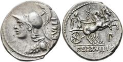 RÖMER RÖMISCHE REPUBLIK. RÖMISCHE REPUBLIK NACH 211 V. CHR. P. Servilius Rullus, 100 v. Chr. Denar ø 19mm (3,86g). Mzst. Rom. Vs.: RVLLI, Büste der Minerva mit korinthischem Helm u. Ägis n. l. Rs.: P 