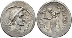 RÖMER RÖMISCHE REPUBLIK. RÖMISCHE REPUBLIK NACH 211 V. CHR. P. Sepullius Macer, C. Iulius Caesar, 44 v. Chr. Denar ø 20mm (3,74g). Mzst. Rom. Vs.: Bekränzter Kopf des Caesar n. r., dahinter achtstrahl