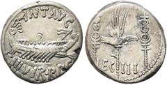 RÖMER RÖMISCHE REPUBLIK. RÖMISCHE REPUBLIK NACH 211 V. CHR. Marcus Antonius, 32 - 31 v. Chr. Denar ø 15mm (3,56g). Mzst. mit Marc Anton ziehend (Patras?). Vs.: ANT AVG / IIIVIR R P C, Kriegsgaleere n.