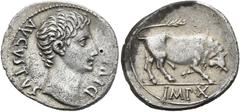 RÖMER RÖMISCHE KAISERZEIT. Augustus, 27 v. Chr. - 14 n. Chr. Denar ø 19mm (3,67g). 15 - 13 v. Chr. Mzst. Lugdunum. Vs.: AVGVSTVS DIVI F, Kopf n. r. Rs.: IMP X, Stier n.r. stoßend. RIC 167a; C. 137; BM