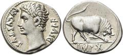 RÖMER RÖMISCHE KAISERZEIT. Augustus, 27 v. Chr. - 14 n. Chr. Denar ø 18mm (3,84g). 15 - 13 v. Chr. Mzst. Lugdunum. Vs.: AVGVSTVS DIVI F, Kopf n. l. Rs.: IMP X, Stier n.r. stoßend. RIC 167b; C. 139; BM