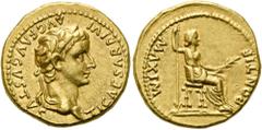 RÖMER RÖMISCHE KAISERZEIT. Tiberius, 14 - 37 n. Chr. Aureus ø 19mm (7,88g). 30 n. Chr. Mzst. Lugdunum. Vs.: TI CAESAR DIVI AVG F AVGVSTVS, Kopf mit Lorbeerkranz n. r. Rs.: PONTIF MAXIM, Iustitia sitzt